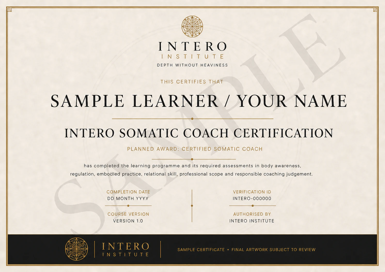 Sample Intero certificate for the planned Certified Somatic Coach award, with learner name, completion date, course version and verification ID fields